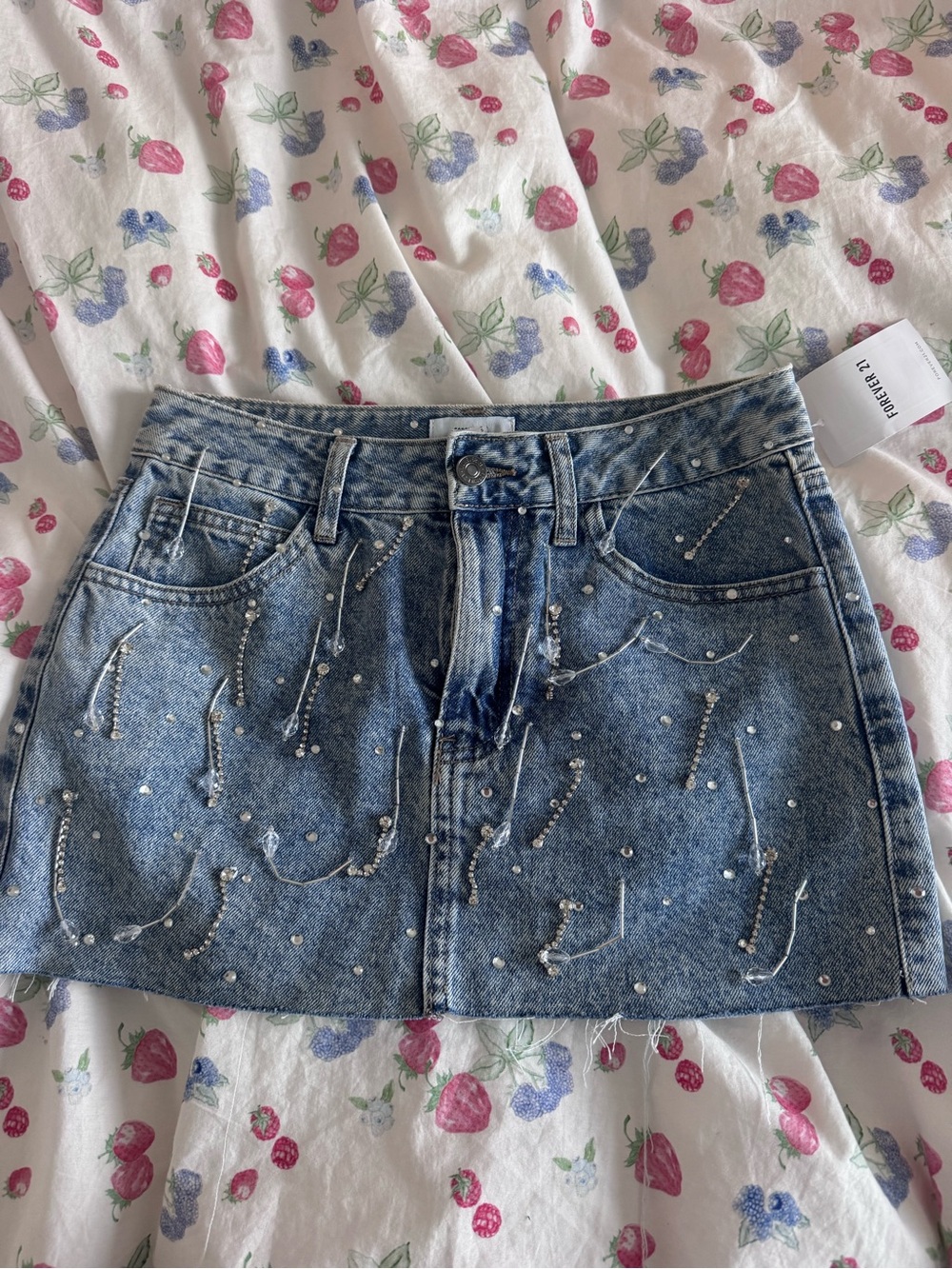 forever 21 Studded rhinestone tassel Blue jean Mini Skirt